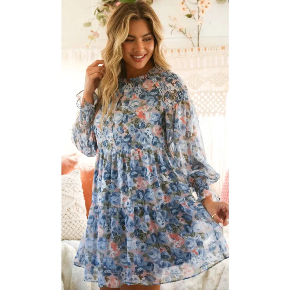 Chiffon Floral Print Dress - Peach Love California - Size Large - Picture 1 of 6